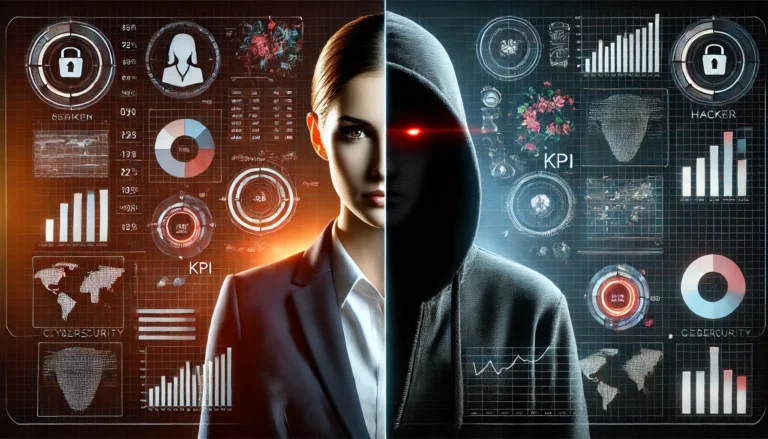 Split portrait of a cybersecurity professional and a hacker, surrounded by dynamic data visuals such as glowing charts, diagrams, and alert signals, representing the balance between security strategy and cyber threats.