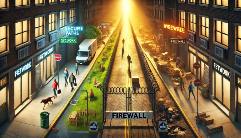 Conceptual illustration of network segmentation represented by streets. One side features vibrant streets with people walking dogs, green parks, and a cheerful atmosphere, symbolizing a secure and well-maintained network. The opposite side shows dark, decayed streets with no people, trash, broken infrastructure, and chaos, symbolizing a vulnerable network. A labeled 'FIREWALL' acts as a barrier between the two contrasting environments, emphasizing cybersecurity protection.