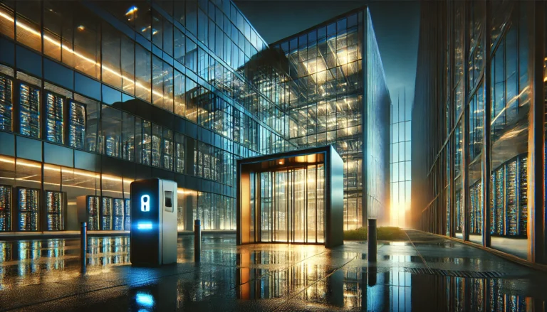 A dramatic view of a modern corporate building at dusk with illuminated glass walls and rain-slicked surfaces. The entrance features a glowing keycard reader near imposing doors, while subtle reflections of server racks are visible inside. The scene contrasts deep blues and blacks with warm interior lighting, emphasizing security and technological sophistication.