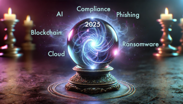 A photorealistic, dark-themed image of a glowing crystal ball resting on an ornate stand. The crystal ball emits a soft, radiant blue and purple glow, with swirling, magical light inside. The background is a sleek, dramatic setting with deep shadows and faint futuristic undertones, evoking a mystical and high-tech ambiance. Trends of 2025 are circulating around it